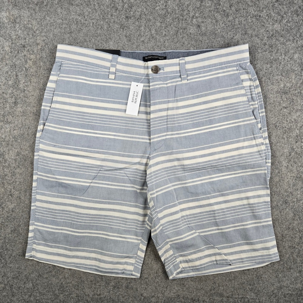 Banana Republic City Shorts Mens 34 Blue Striped Cotton Chino Summer Casual NWT